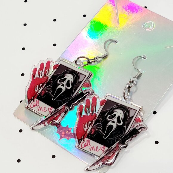 Ghostface Call Me Bloody Hand Knife Earrings Stainless Steel Hooks Scary Movie - Picture 5 of 6